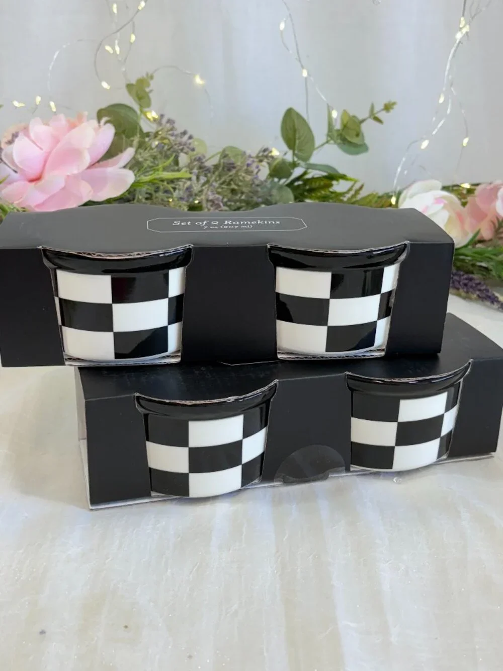 Black and White Checkered Ceramic Ramekins 7 oz Checkerboard Bowls Set of 4 New